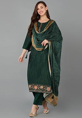 Green Printed Silk Blend Kurta Set
