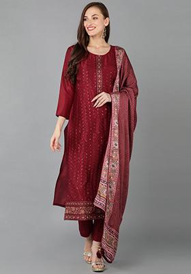 Maroon Printed Silk Blend Kurta Set
