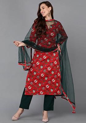 Red Printed Rayon Blend Kurta Set