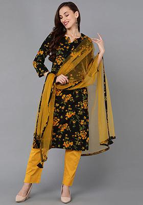 Black Printed Rayon Blend Kurta Set