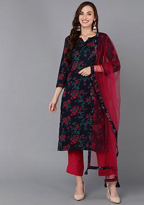 Navy Blue Printed Rayon Blend Kurta Set