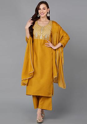 Mustard Embroidered Silk Blend Kurta Set