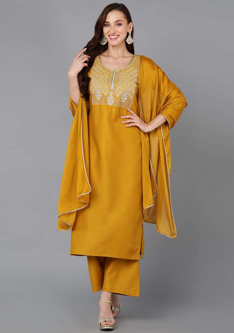 Mustard Embroidered Blended Straight Kurta Set - Indya