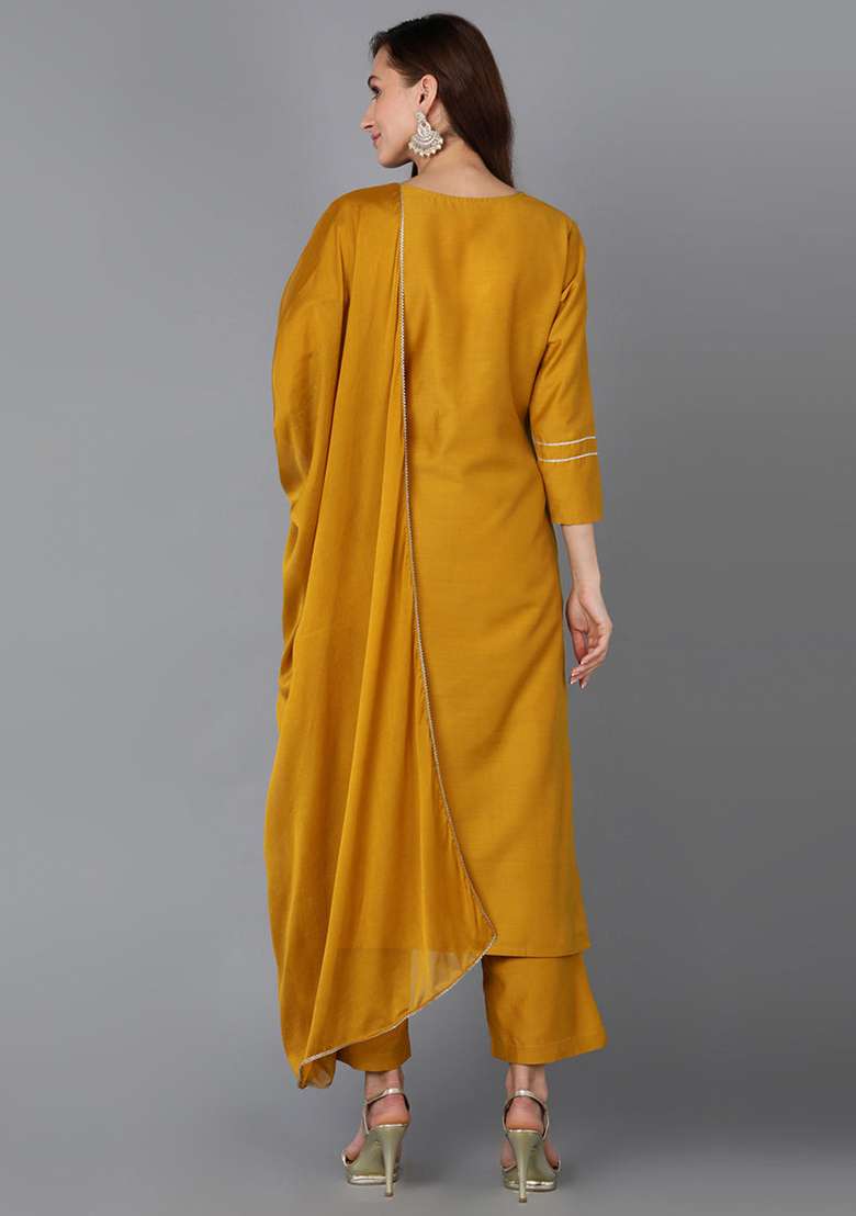 Mustard Embroidered Blended Straight Kurta Set - Indya
