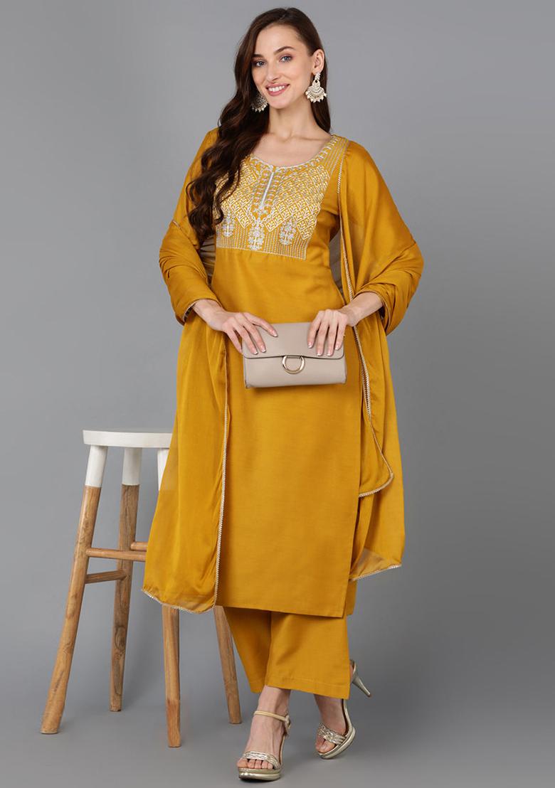 Mustard Embroidered Silk Blend Kurta Set