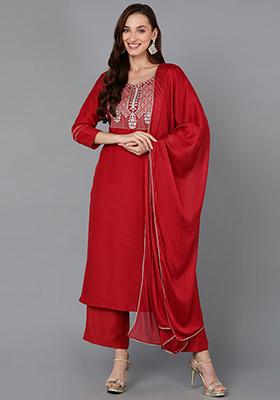 Red Printed Silk Blend Kurta Set
