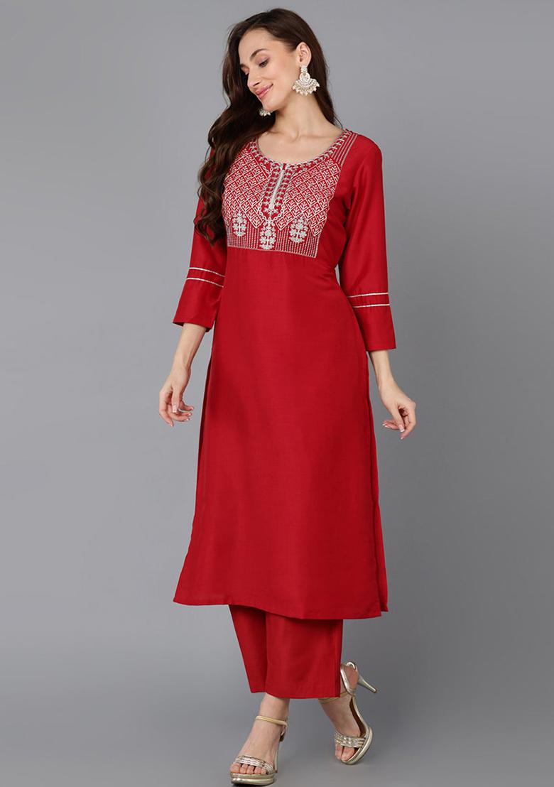 Red Printed Silk Blend Kurta Set