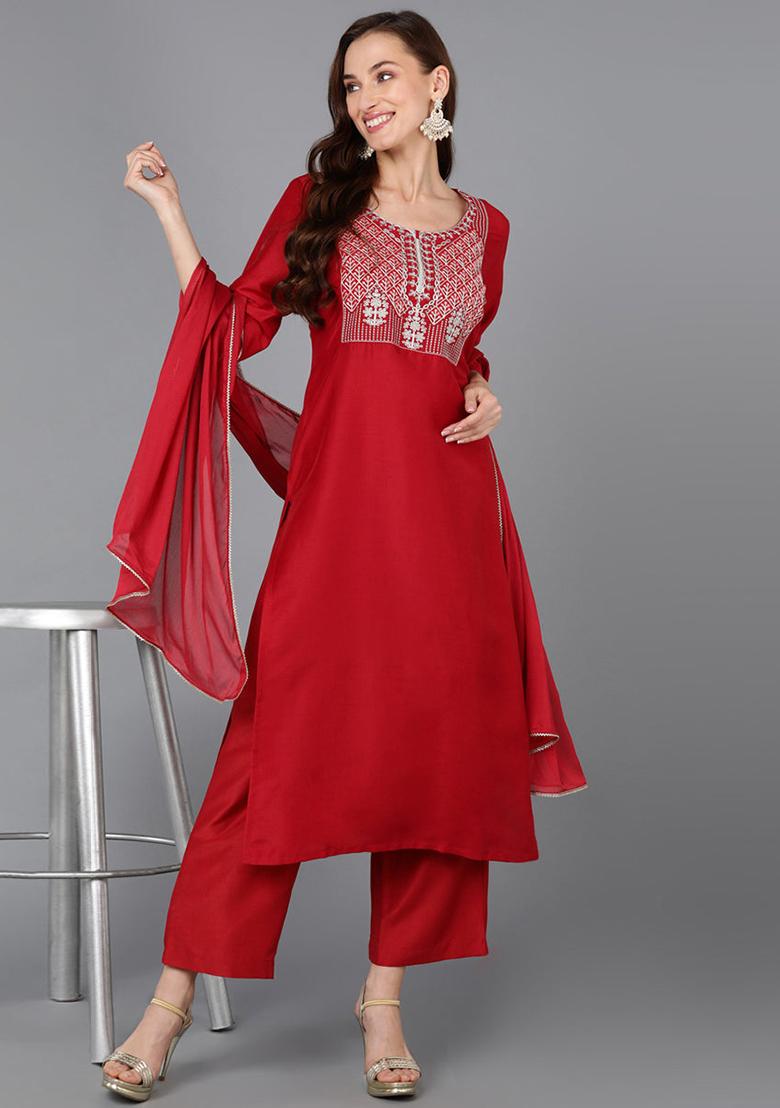 Red Printed Silk Blend Kurta Set