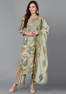 Yellow Printed Silk Blend Kurta Set