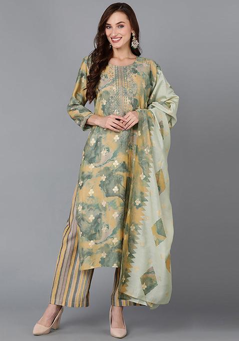 Yellow Printed Silk Blend Kurta Set
