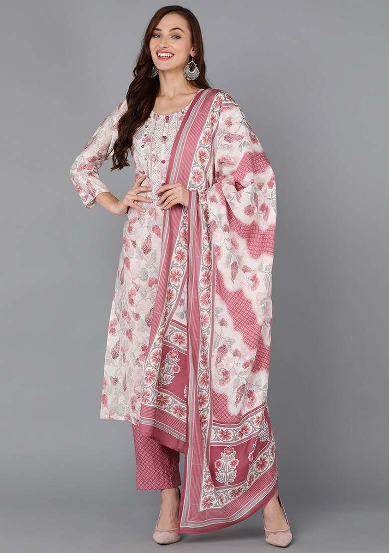 Off White Floral Print Silk Blend Straight Kurta Set - Indya