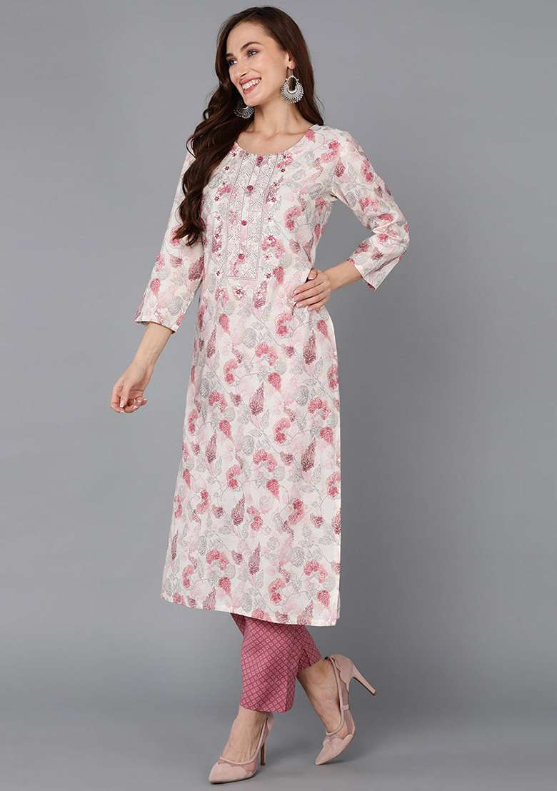 Off White Floral Print Silk Blend Straight Kurta Set - Indya