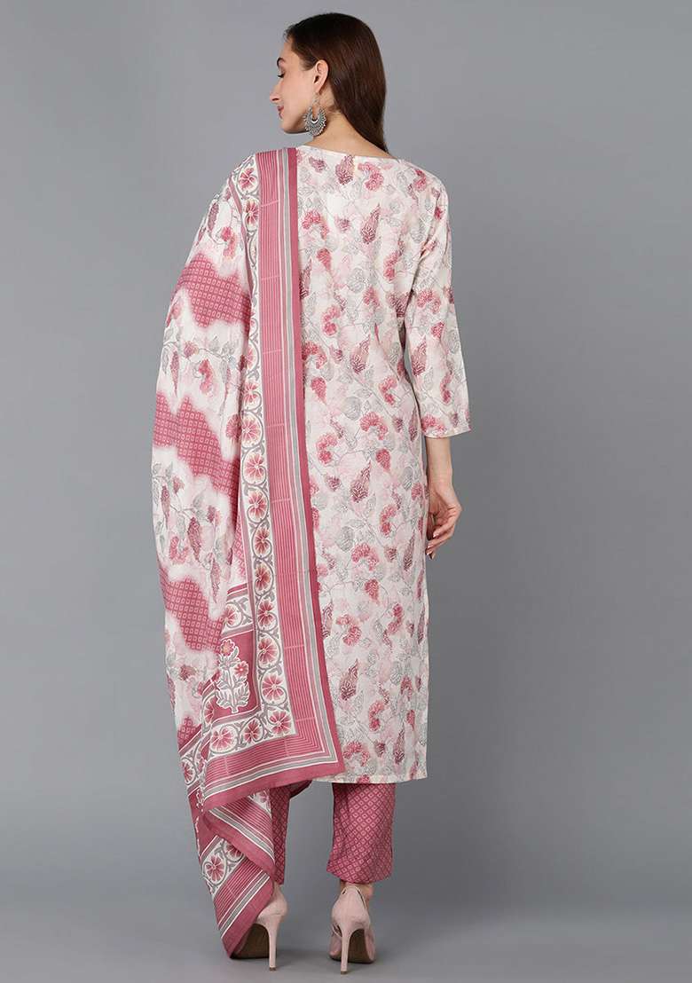 Off White Floral Print Silk Blend Straight Kurta Set - Indya