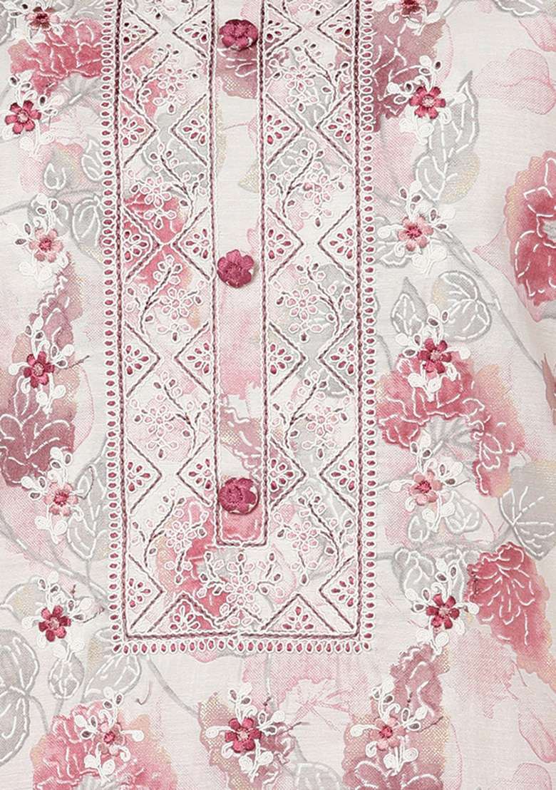 Off White Floral Print Silk Blend Straight Kurta Set - Indya