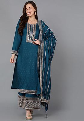 Teal Embroidered Silk Blend Kurta Set