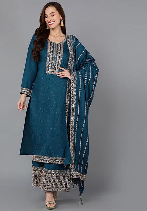 Teal Embroidered Silk Blend Kurta Set