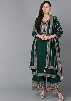 Green Embroidered Silk Blend Kurta Set