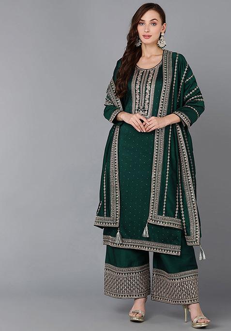 Green Embroidered Silk Blend Kurta Set