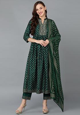 Green Printed Silk Blend Kurta Set