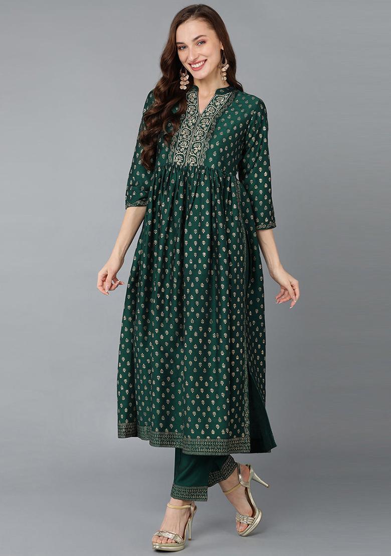 Green Printed Silk Blend Kurta Set