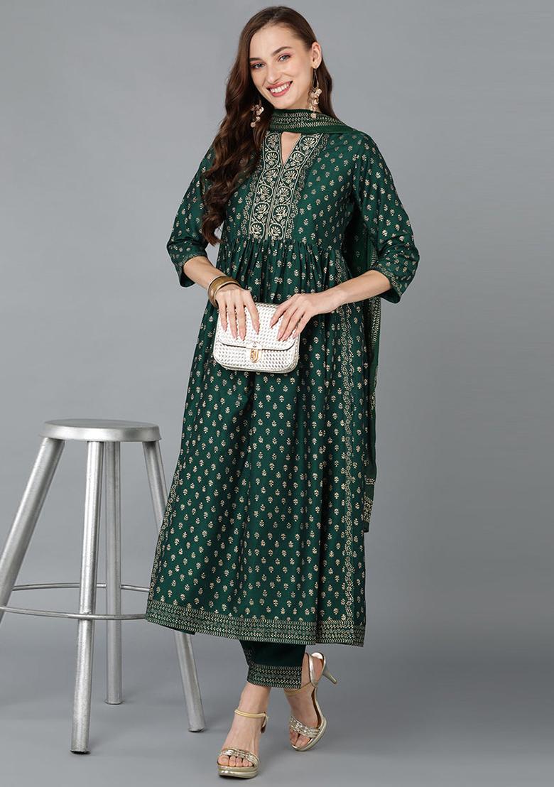 Green Printed Silk Blend Kurta Set