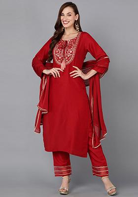 Red Embroidered Silk Blend Kurta Set