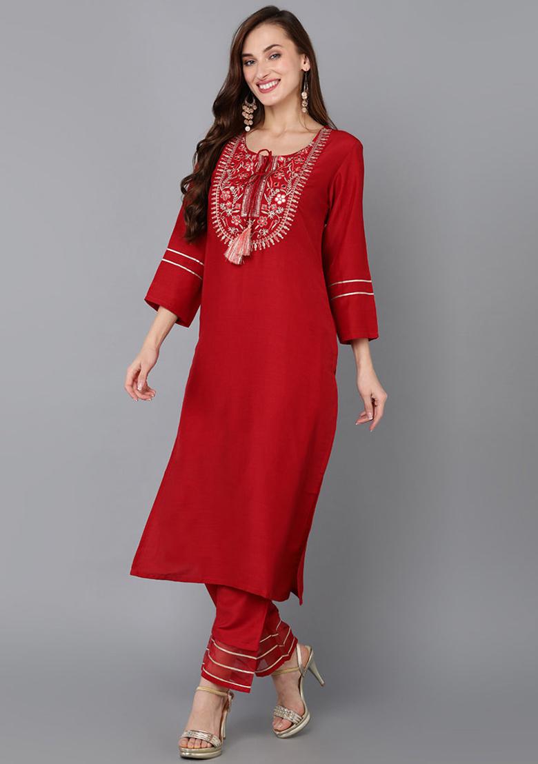 Red Embroidered Silk Blend Kurta Set