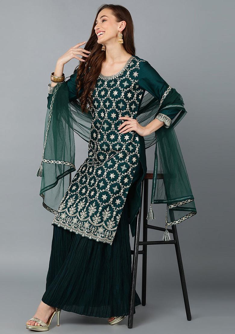 Green Embroidered Silk Blend Kurta Set