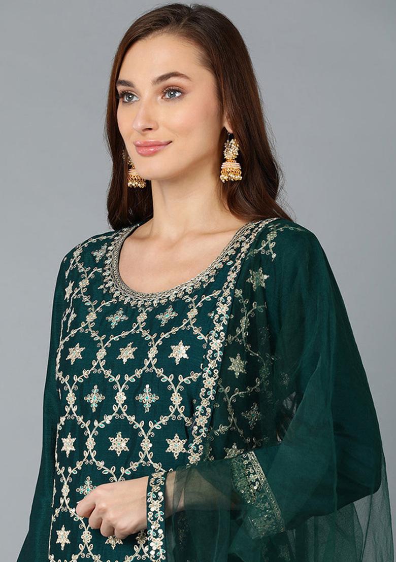 Green Embroidered Silk Blend Kurta Set
