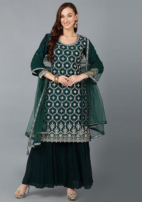 Green Embroidered Silk Blend Kurta Set