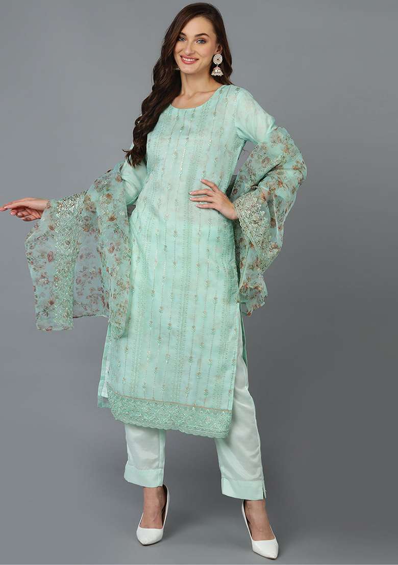 Sea Green Printed Organza Straight Kurta Set - Indya