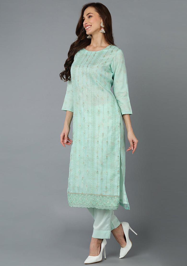 Sea Green Embroidered Organza Kurta Set