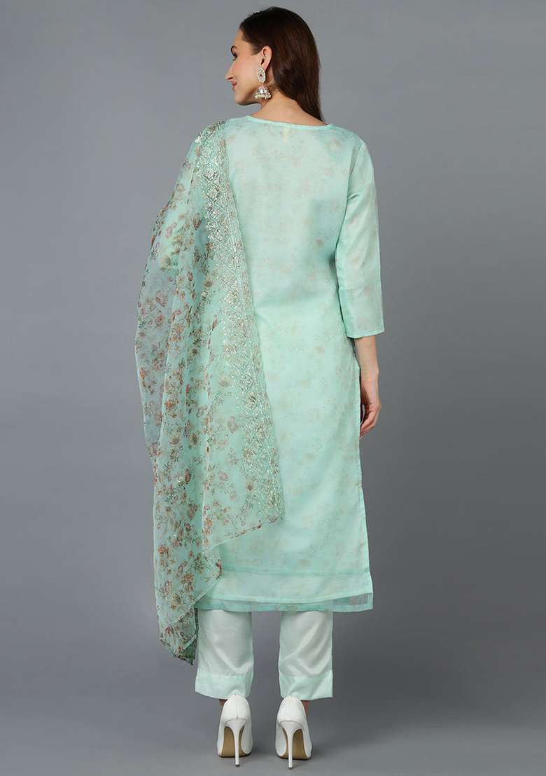Sea Green Printed Organza Straight Kurta Set - Indya