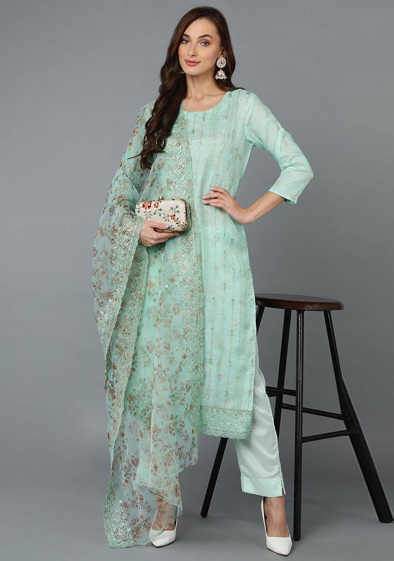 Sea Green Embroidered Organza Kurta Set
