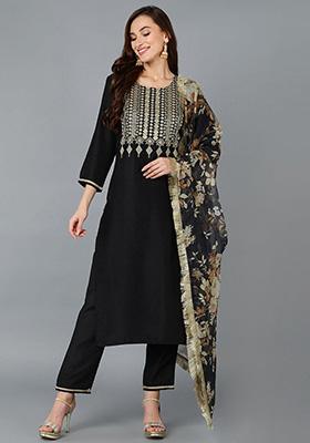 Black Yoke Design Silk Blend Kurta Set