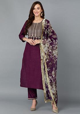 Purple Yoke Design Silk Blend Kurta Set