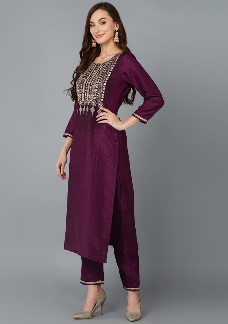 Purple Yoke Design Silk Blend Kurta Set