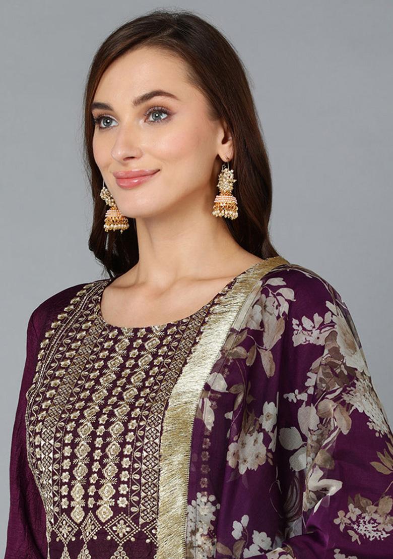 Purple Yoke Design Silk Blend Kurta Set