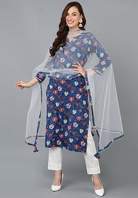 Blue Printed Rayon Blend Kurta Set