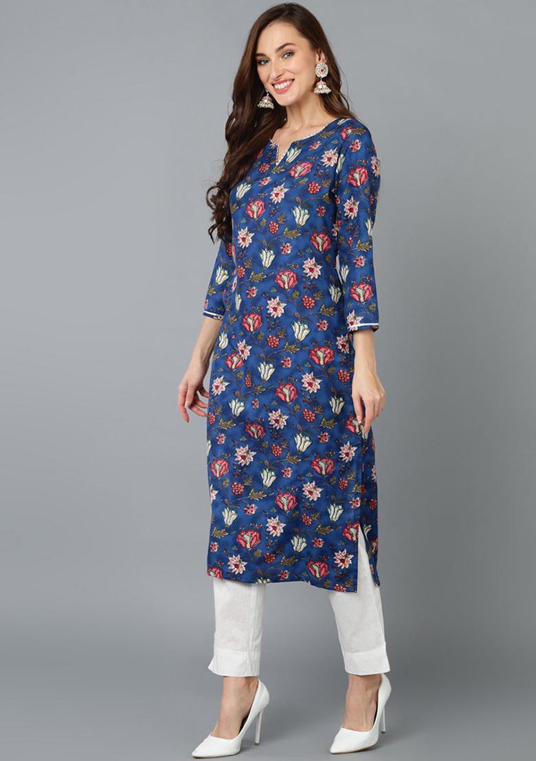 Blue Printed Rayon Blend Kurta Set