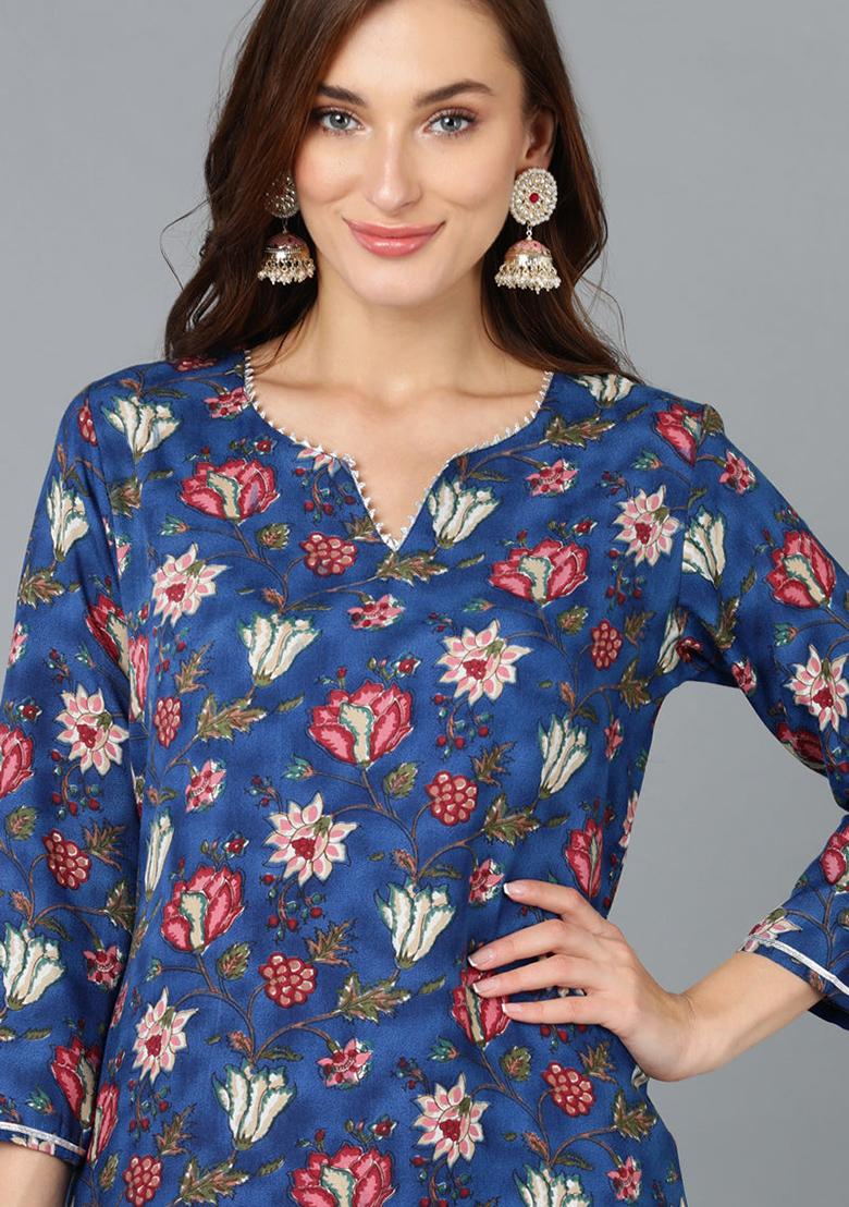 Blue Printed Rayon Blend Kurta Set
