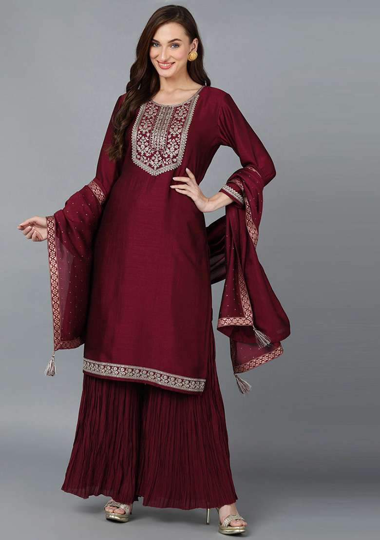 Maroon Embroidered Silk Blend Sharara Set - Indya