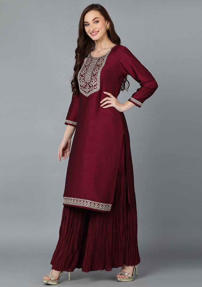 Maroon Yoke Design Silk Blend Kurta Set