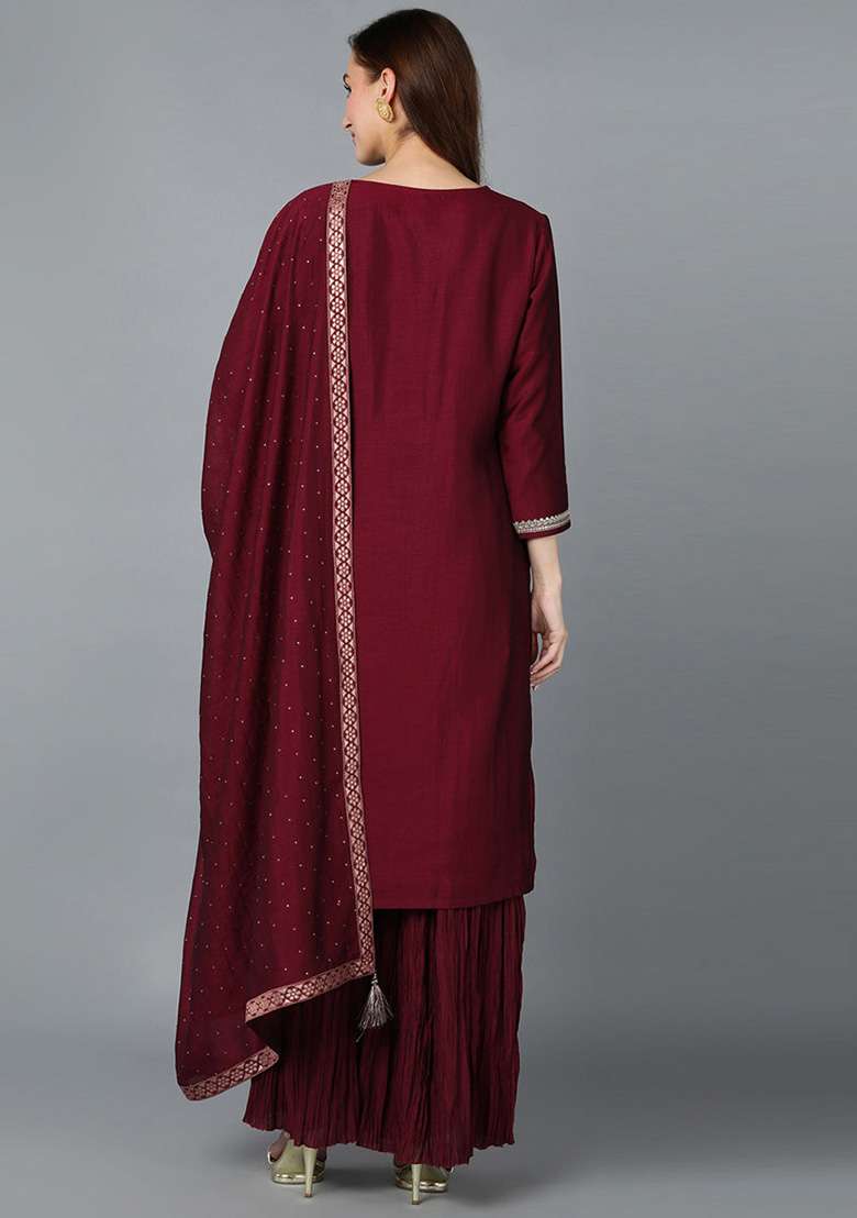 Maroon Embroidered Silk Blend Sharara Set - Indya