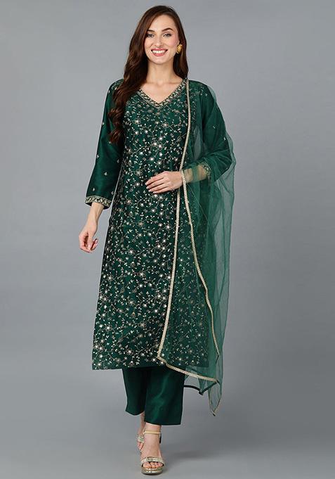 Green Embroidered Silk Blend Kurta Set