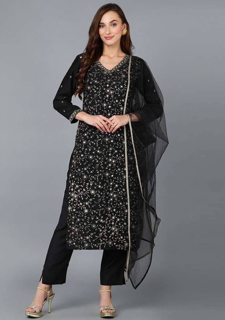 Black Sequin Work Blended Straight Kurta Set - Indya