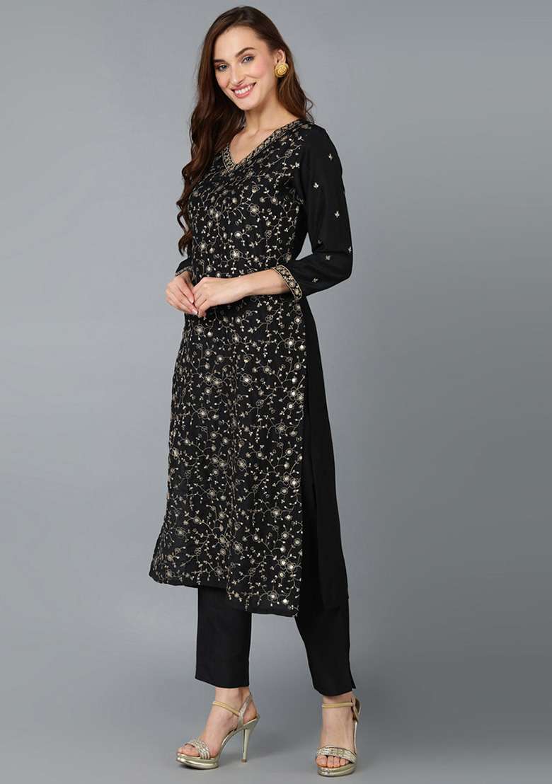 Black Sequin Work Blended Straight Kurta Set - Indya