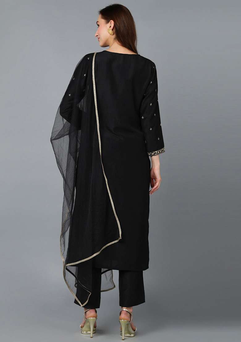 Black Sequin Work Blended Straight Kurta Set - Indya