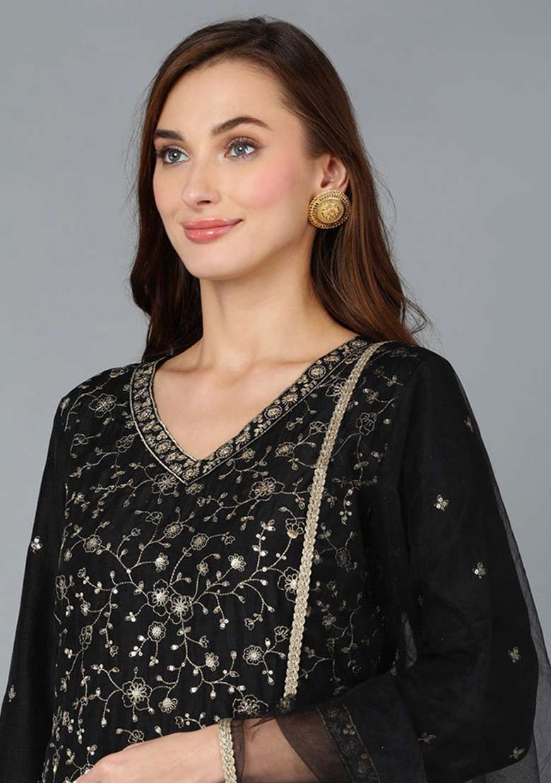 Black Sequin Work Blended Straight Kurta Set - Indya