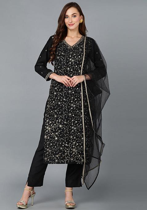 Black Embroidered Silk Blend Kurta Set